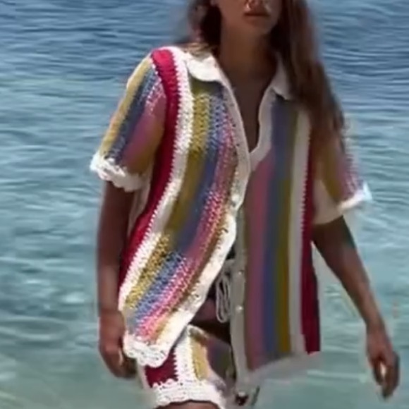 Steele the Label Kai Crochet Polo Top Button Front Striped Boho Australia - Picture 2 of 15